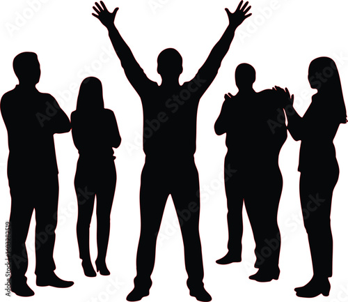 Silhouette of a group of people with one person raising their arms in celebration and excitement pose