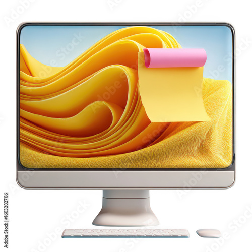 Modern computer monitor displaying a vibrant yellow abstract wallpaper with a pink sticky note attached to the screen isolated on transparent background
