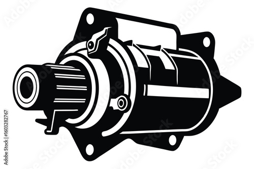Black and White Automotive Starter Motor Illustration Showing Component Details and Mounting Holes