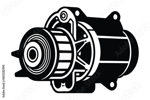 Bold Black and White Illustration of a Car Starter Motor Automotive Component
