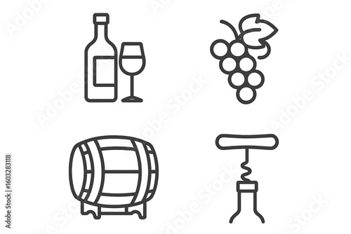 Wine icon set for viticulture and winemaking. Vector line art symbols of bottle, glass, grapes, barrel, and corkscrew for bar menu, restaurant, or winery branding.