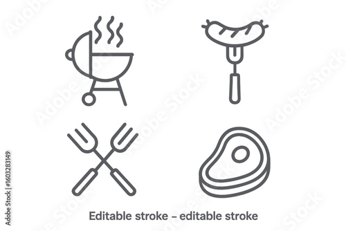 BBQ grill line icon set. Barbecue party symbols. Steak, sausage on fork, and cooking tools. Summer outdoor picnic food concept. Editable stroke vector illustration for web.