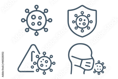 Virus protection icon set. Coronavirus line art. Covid-19 pandemic prevention symbols. Includes mask, shield, warning sign. Health safety, immunity, medical pictogram.