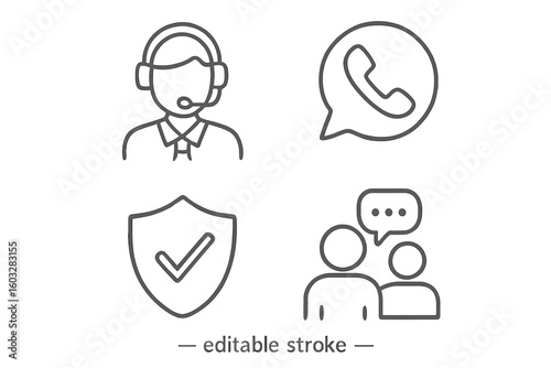 Customer support icon set. Call center operator, contact phone, security shield, and user communication chat symbols. Simple line art for web and mobile. Editable stroke.