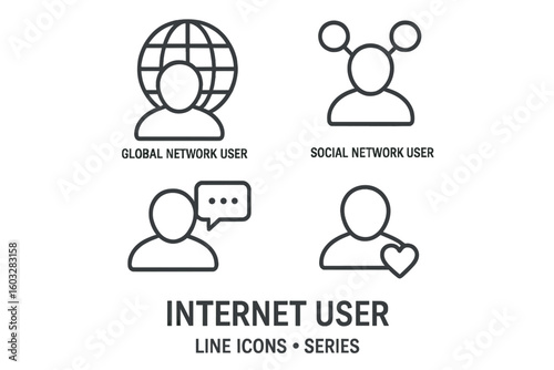Internet user line icon set. Global and social network user, online communication, chat, like, follow. Avatar, profile, connection, community concepts for web and app design.