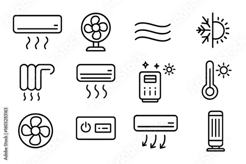 Air conditioning line icon set. Vector symbols for HVAC, fan, wind, cooling, and heating appliance. Air cleaner, climate control, and thermostat outline icons collection.
