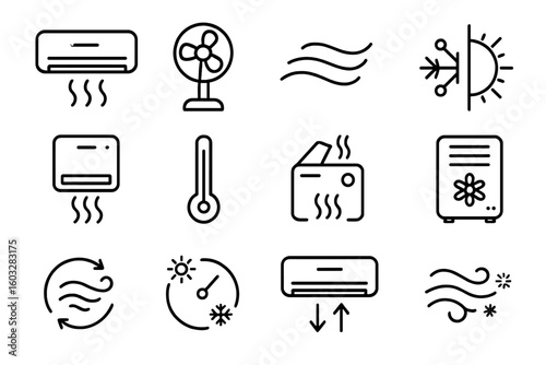 Air conditioning line icon set. Climate control linear icons. Vector symbols for cooling, heating, ventilation, fan, hvac, air flow, purifier, and temperature control.