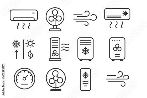 Air conditioning line icon set. HVAC, fan, wind, and climate control symbols. Vector icons for cooling, heating, ventilation, and air purification appliances. Outline style.