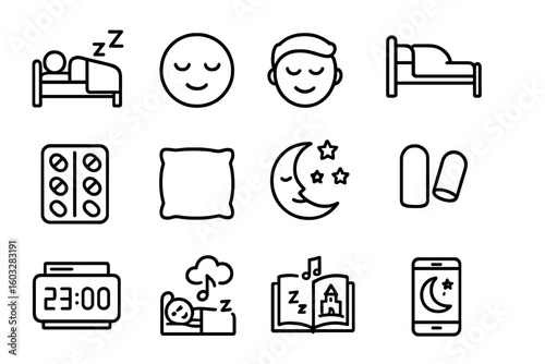 Sleep and bedtime routine line icon set. Symbols for insomnia, rest, and relaxation. Includes bed, pillow, sleeping pills, moon, and night icons. Vector outline pictograms.