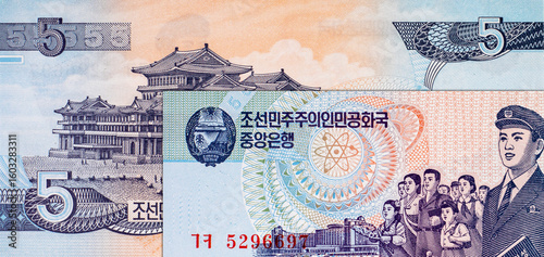 5 Won North Korea banknote 1998 with the image of the Grand Peoples Study House on Mansan Hill in Pyongyang. Money of North Korea.