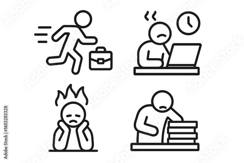 Work stress and burnout icon set. Overworked employee, deadline pressure, anxiety concept. Mental health, fatigue, workload, depression, frustration pictogram collection.
