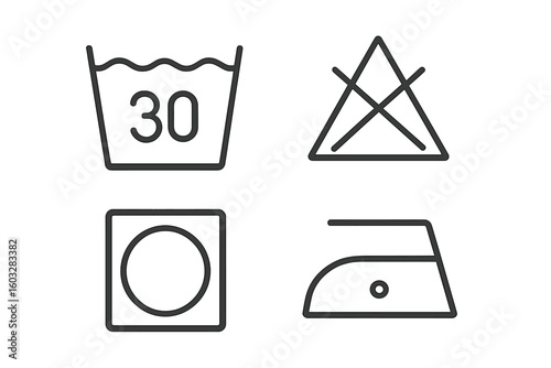 Laundry care symbols set. Flat linear icon collection for textile and clothing labels. Washing, bleaching,drying, and ironing instruction pictograms. Vector guide marks.