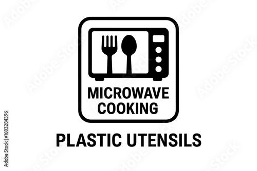 Microwave safe plastic utensils icon. Vector label for food packaging and containers. Symbol for safe heating and cooking in microwave oven. Fork and spoon illustration.