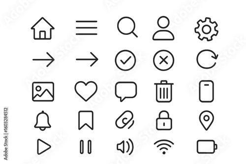 Modern line icon set for web and mobile user interface design. Essential UI and UX vector pack with outline symbols for apps. Includes home, search, user, and settings icons.