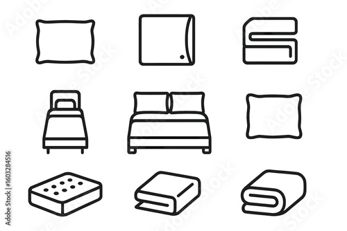 Bedding and sleep line icon set. Includes bed linen, pillow, mattress, blanket, duvet cover, sheet, single and double bed symbols. Outline icons for home comfort. Vector.