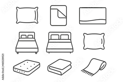 Bedding line icon set. Pillow, duvet cover, sheet, single and double bed, mattress, and blanket icons. Minimalist outline vector illustration for home and bedroom concepts.