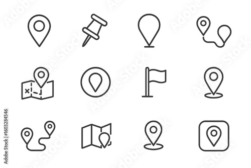 Map pin line icon set. Location, push pin, map marker for geolocation. Route, flag, position for GPS and address. Navigation and destination concept. Vector outline symbols.