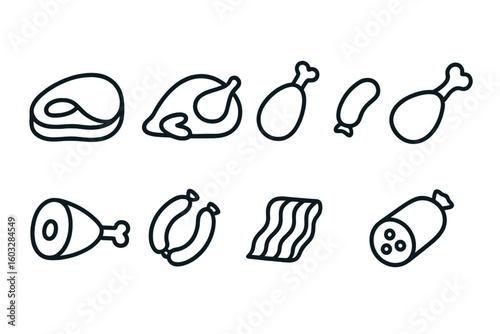 Meat products line icon collection. Beef steak, pork ham, chicken leg, sausage and bacon outline icons. Vector symbols for butcher shop, grocery menu, farm food.