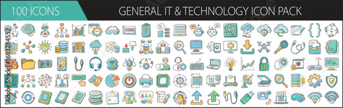 General IT and Technology Icon Pack with 100 Digital Elements - A comprehensive set of 100 cartoon-style IT and technology icons, featuring devices, cloud computing, servers, data, and tools for tech 