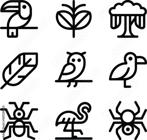 Collection of diverse animal and plant icons featuring a toucan an owl a spider and a flamingo in minimalist style