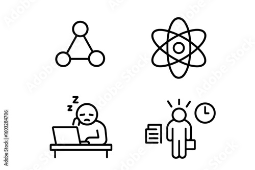 Workaholic and burnout outline icon set. Molecule of stress and atom of overwork. Conceptual pictogram collection of tired, busy employee, deadline pressure, and fatigue.