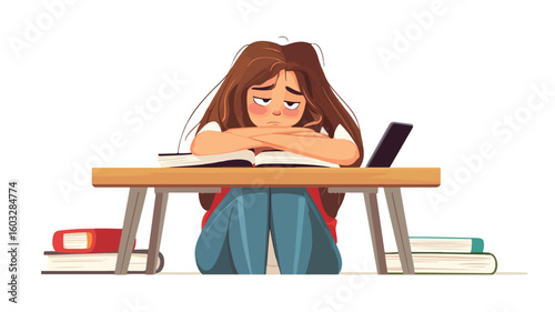 Sad Bored Tired Student Sitting at Desk in Depressed Mood