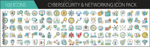 Cybersecurity and Networking Icon Pack with 100 IT Security Elements - A comprehensive set of 100 cartoon-style cybersecurity and networking icons, featuring firewalls, shields, servers, data protecti