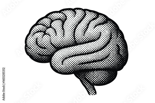 Halftone brain vector illustration. Pop art comic style. Concept for psychology, science, intelligence, mind, knowledge, medicine, mental health, neurology, thought process.