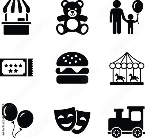 Fun fair and amusement park icons representing entertainment joy and memorable experiences in black and white illustration