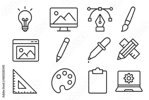 Graphic design and art tools line icon set. Collection of simple outline symbols for the creative process. Vector icons for drawing, web, app design, and digital art.
