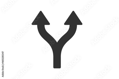 Split arrow icon vector. Choice, decision, and direction concept. Two paths symbol. Fork in the road metaphor for business strategy, options, and alternative ways. Simple flat design.