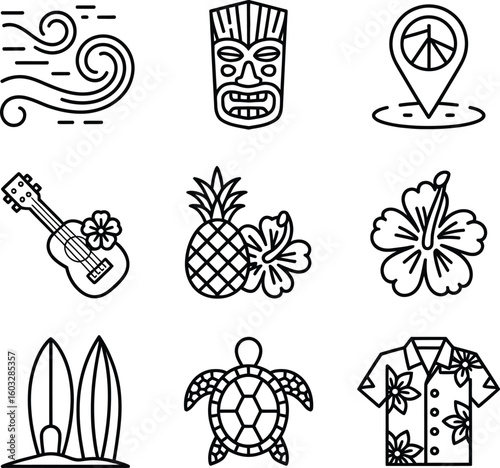 Hawaiian Culture Icon Set Black and White Outline Style Summer Vacation Tropical Design Elements with Pineapple Ukulele and Surfboards
