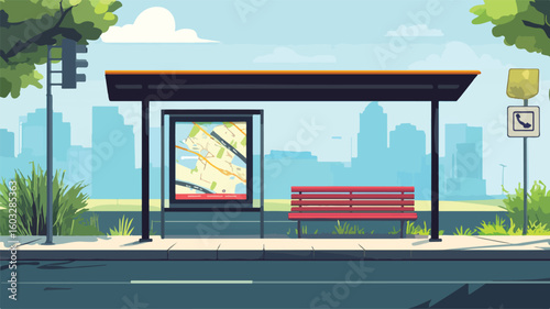 City Public Transport Bus Stop with Bench - Urban Transportation Image