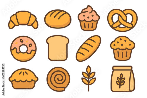 Bakery and pastry shop icon set. Vector collection of cute cartoon food illustrations like bread, cake, donut, pie, croissant. Sweet dessert items for baking design.