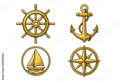 Gold nautical icon set with ship wheel, anchor, sailboat and compass rose. Marine symbols for sea travel and navigation. Golden maritime vector illustration for logo design.