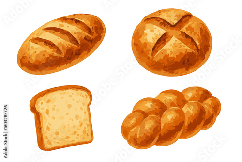 Bread watercolor illustration set. Fresh bakery food like loaf, challah, boule and slice. Hand drawn vector sketch for baking concept, menu, recipe. Pastry icon collection.