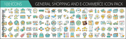 General Shopping and E-Commerce Icon Pack with 100 Retail Elements - A colorful set of 100 cartoon-style icons featuring shopping carts, stores, payments, products