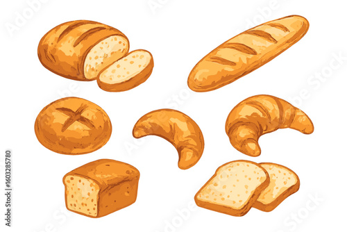 Set of watercolor bread and pastry illustrations. Hand-drawn vector collection of fresh bakery food like croissant, baguette, loaf, and toast on a transparent background.