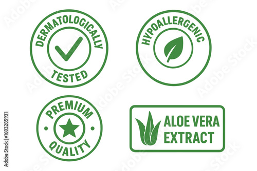 Dermatologically tested, hypoallergenic, premium quality, aloe vera extract icon set. Natural cosmetic product packaging label stamp. Eco friendly, organic vector logo.