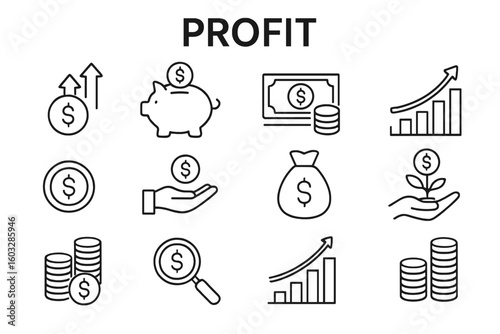 Profit and finance line icon set. Vector icons for money, investment, savings, and earnings. Symbols of financial growth, cash, income, and wealth. Outline pictogram.