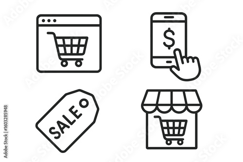 E-commerce line icon set. Online shopping, internet store, mobile payment, sale tag pictograms. Vector symbols for website, app, retail business, and marketing design.