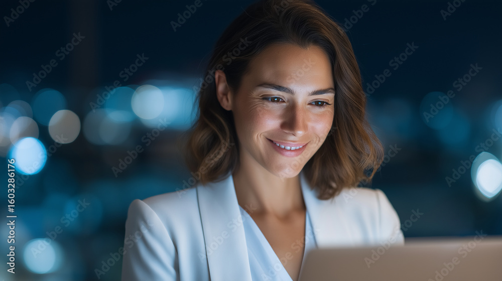 Obraz premium Smiling Latina woman dreaming of career growth in modern office