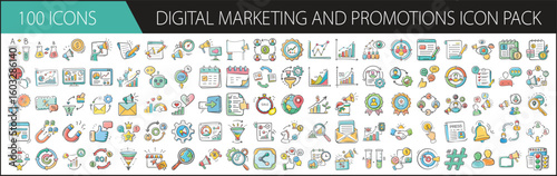Digital Marketing and Promotions Icon Pack with 100 Online Strategy Elements - A vibrant collection of 100 cartoon-style digital marketing icons, including SEO, email, content, analytics, ads, and bra