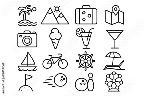 Recreation, vacation, and entertainment line icon set. Summer travel and holiday symbols for web and mobile. Linear outline pictogram collection. Vector illustration.