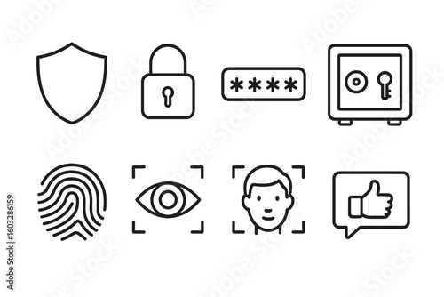 Cyber Security and Authentication Line Icons: Shield, Padlock, Password, Safe, Fingerprint, Eye Scan, Biometric Access, Secure Login, Data Protection, Smart Technology, Digital Safety