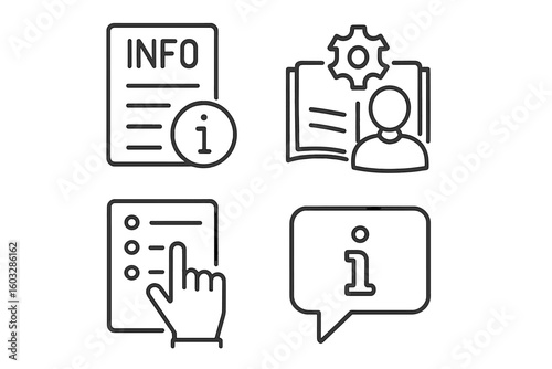 Information line icon set. User manual, guide, instructions and help desk thin line icons. FAQ, info, support and user guide symbols for web and mobile app UI UX design.