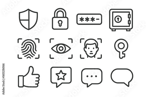 Security icon set for cyber safety and data protection. Biometric authentication with fingerprint, face, and eye scan. Shield, lock, password, and safe vector icons.
