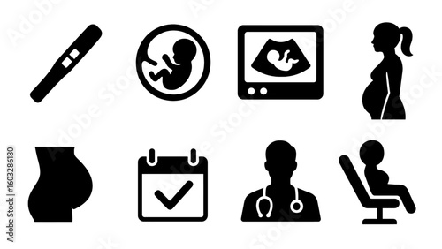 Set of pregnancy icons: test, fetus, ultrasound, pregnant woman, belly, doctor, calendar, seat.