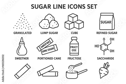 Sugar line icons set. Vector collection of granulated, lump, cube, and refined sugar symbols. Sweetener, portioned cane sugar, fructose, and saccharide outline icons.