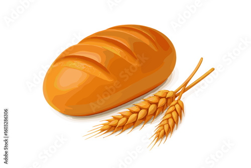 Realistic 3D Bread Loaf and Wheat Ears Vector Illustration, Fresh Bakery Product, Golden Crust, Artisan Bread, Food Isolated on Transparent Background, Wheat Harvest, Bakery Ingredient Concept